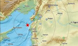 خريطة تظهر مكان الزلزال على السواحل السورية